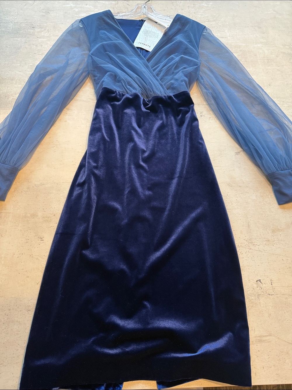 Midnight Blue Velvet Dress with Sheer Long Sleeves